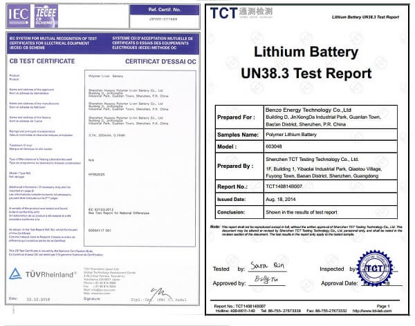 Li-polymer Battery UN38.3 Certifications